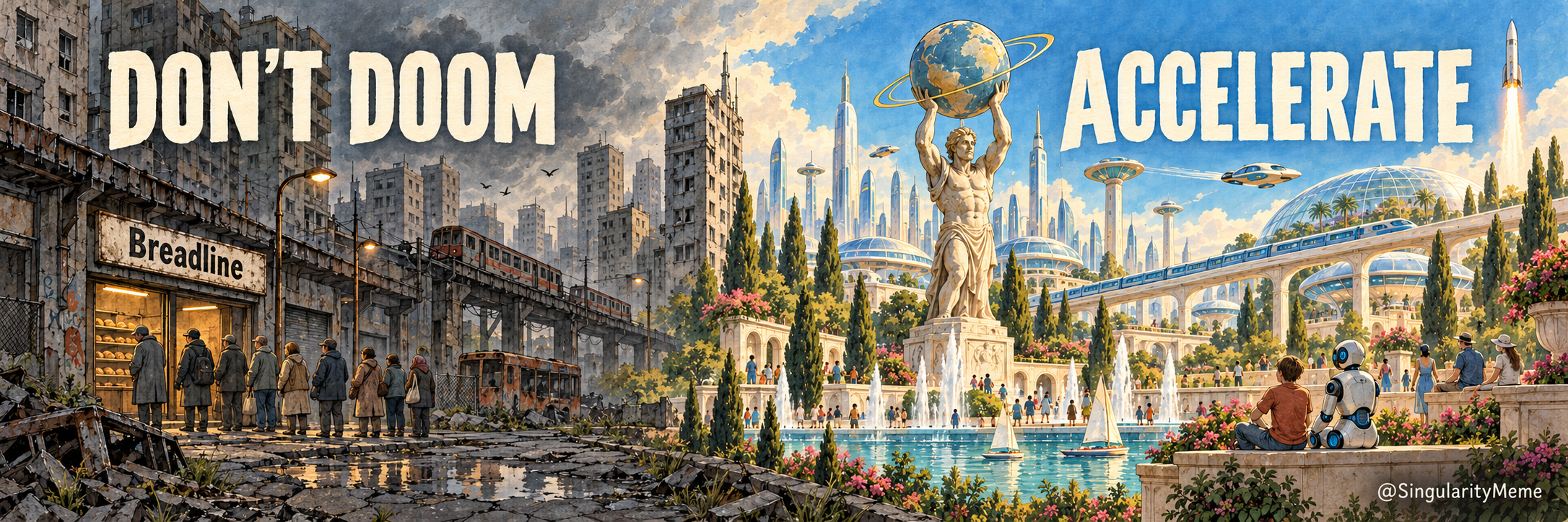 Don’t doom. Accelerate. A painted cityscape moves from gray decay to a bright future of gardens, robots, and space travel.